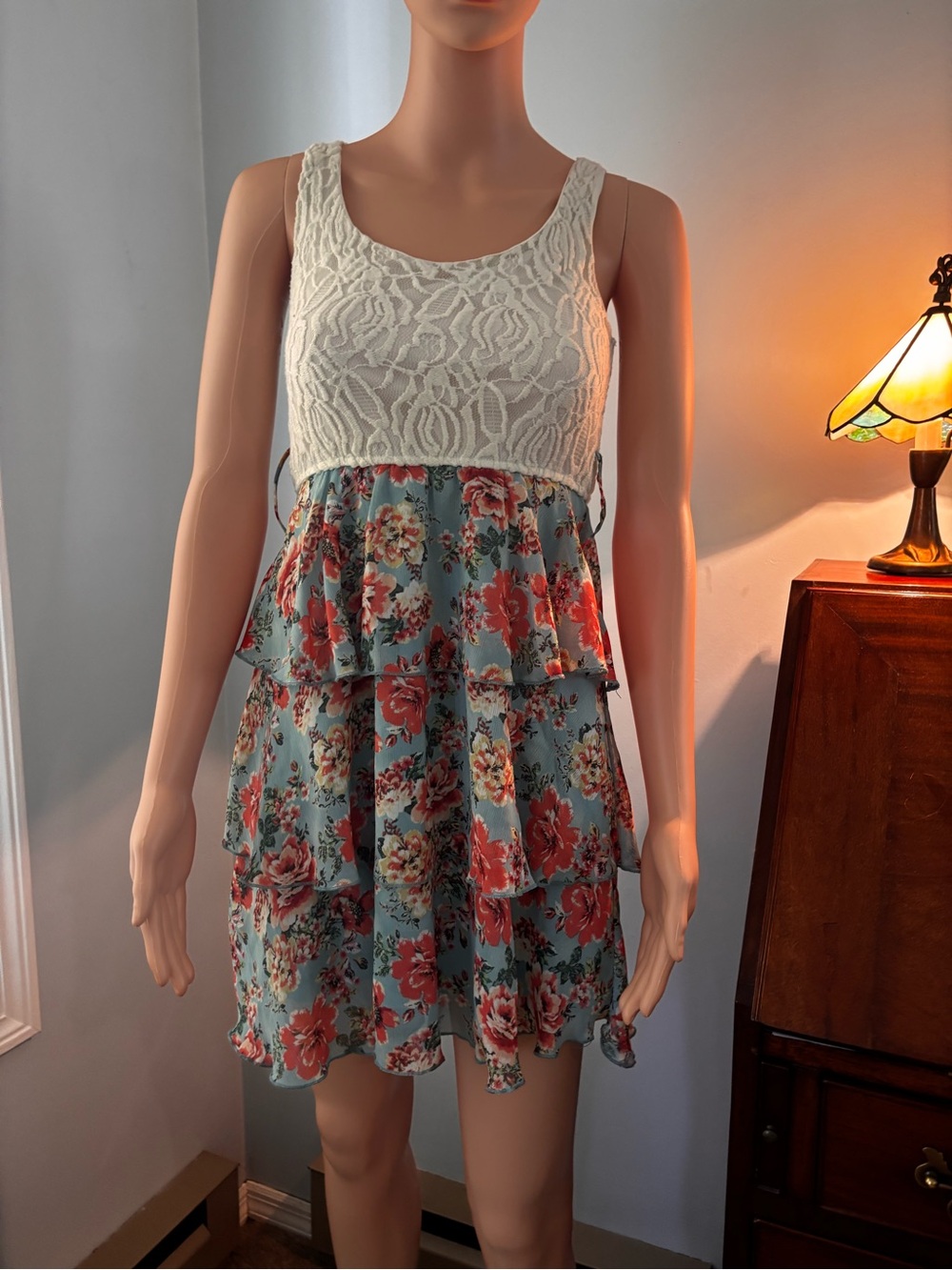 Tumblr Girls Floral Tiered Lace Bodice Summer Dress in turquoise and Cream